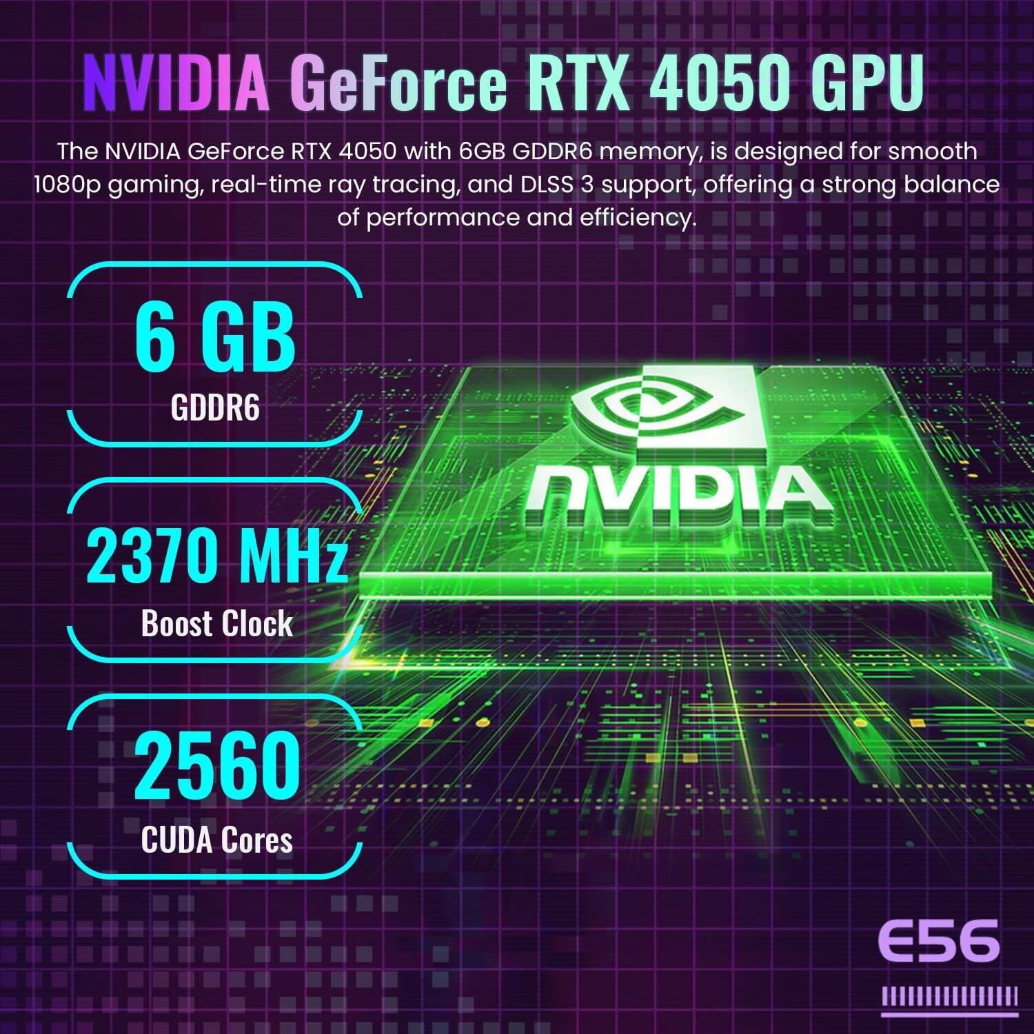 NVIDIA GeForce RTX 4050 GPU

The NVIDIA GeForce RTX 4050 with 6GB GDDR6 memory, is designed for smooth 1080p gaming, real-time ray tracing, and DLSS 3 support, offering a strong balance of performance and efficiency.

- 6 GB GDDR6
- 2370 MHz Boost Clock
- 2560 CUDA Cores
- E56