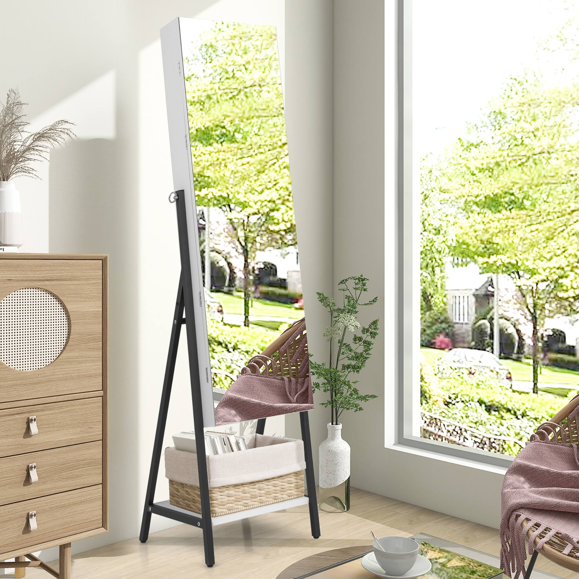 Left. Costway - Jewelry Cabinet Armoire 3 Color LED Modes Full-Length Frameless Mirror Lockable White - White.