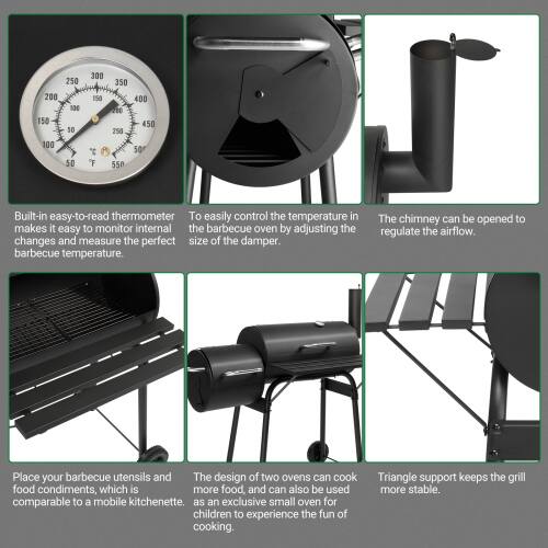 250 300 350 200 150 136 10 150 250 400 450 100 50 C  550 50

Built-in easy-to-read thermometer: To easily control the temperature in the barbecue oven by adjusting the size of the damper. The chimney can be opened to regulate the airflow. Place your barbecue utensils and food condiments, which is comparable to a mobile kitchenette. The design of two ovens can cook more food, and can also be used as an exclusive small oven for children to experience the fun of cooking. Triangle support keeps the grill more stable.