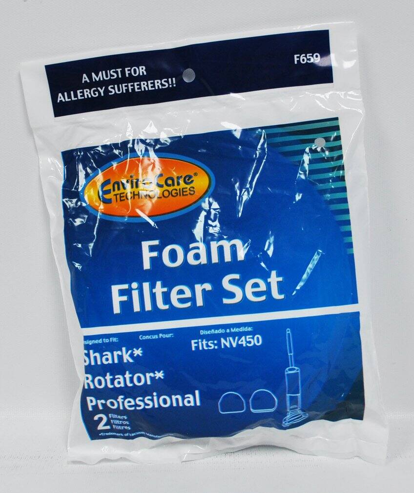 A MUST FOR ALLERGY SUFFERERS!!

F659

Enviro-Care TECHNOLOGIES

Foam Filter Set

Designed to Fit: Shark* Rotator* Professional

Conçu Pour: Shark* Rotator* Professionnel

Diseñado a Medida: NV450

2 Filtros