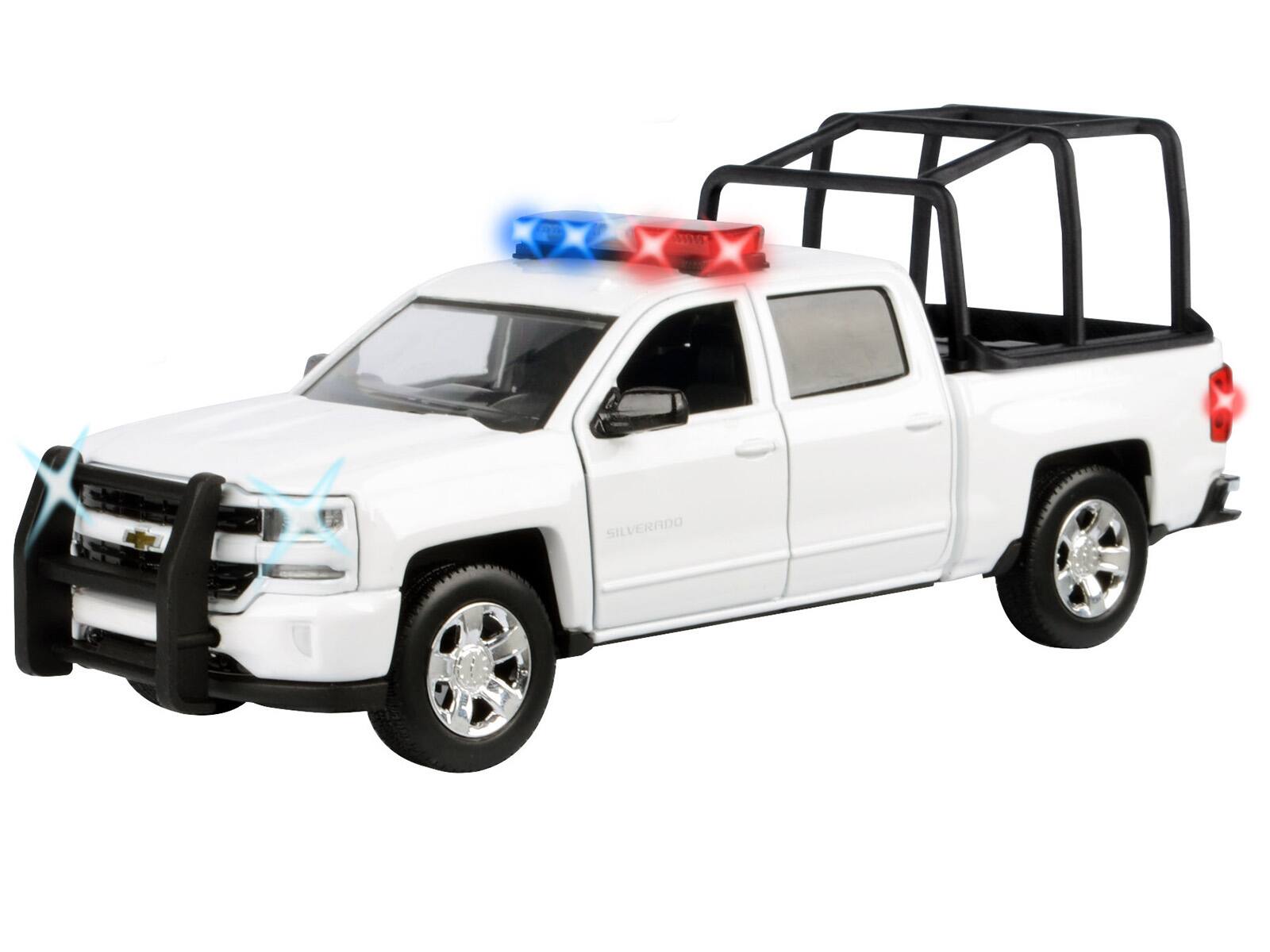 Angle. Motormax - 2017 Chevy Silverado 1500 LT Z71 Crew Cab White Pickup Lights Sounds Light Bar 1/27 - White with Light Bar.
