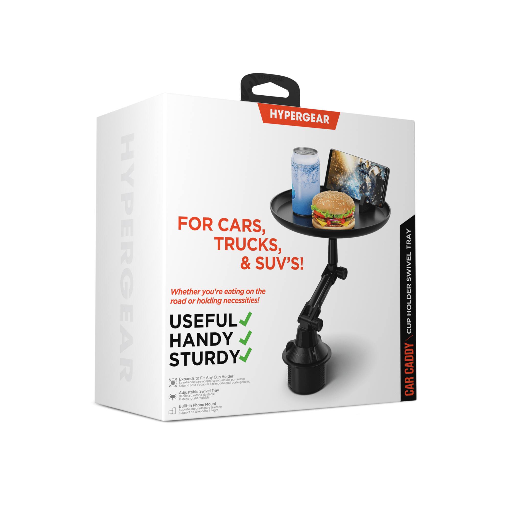 HYPERGEAR HYPERGEAR FOR CARS, TRUCKS, & SUV'S! Whether you're eating on the road or holding necessities! USEFUL HANDY STURDY - F8 Amy - mosder Espanis | - - - - - - 1 i cotet - Cepre Adjustable swivel tray - -. - C -  m uua mount Built-in - -   - - nature TRAY SWIVEL HOLDER CUP CADDY CAR