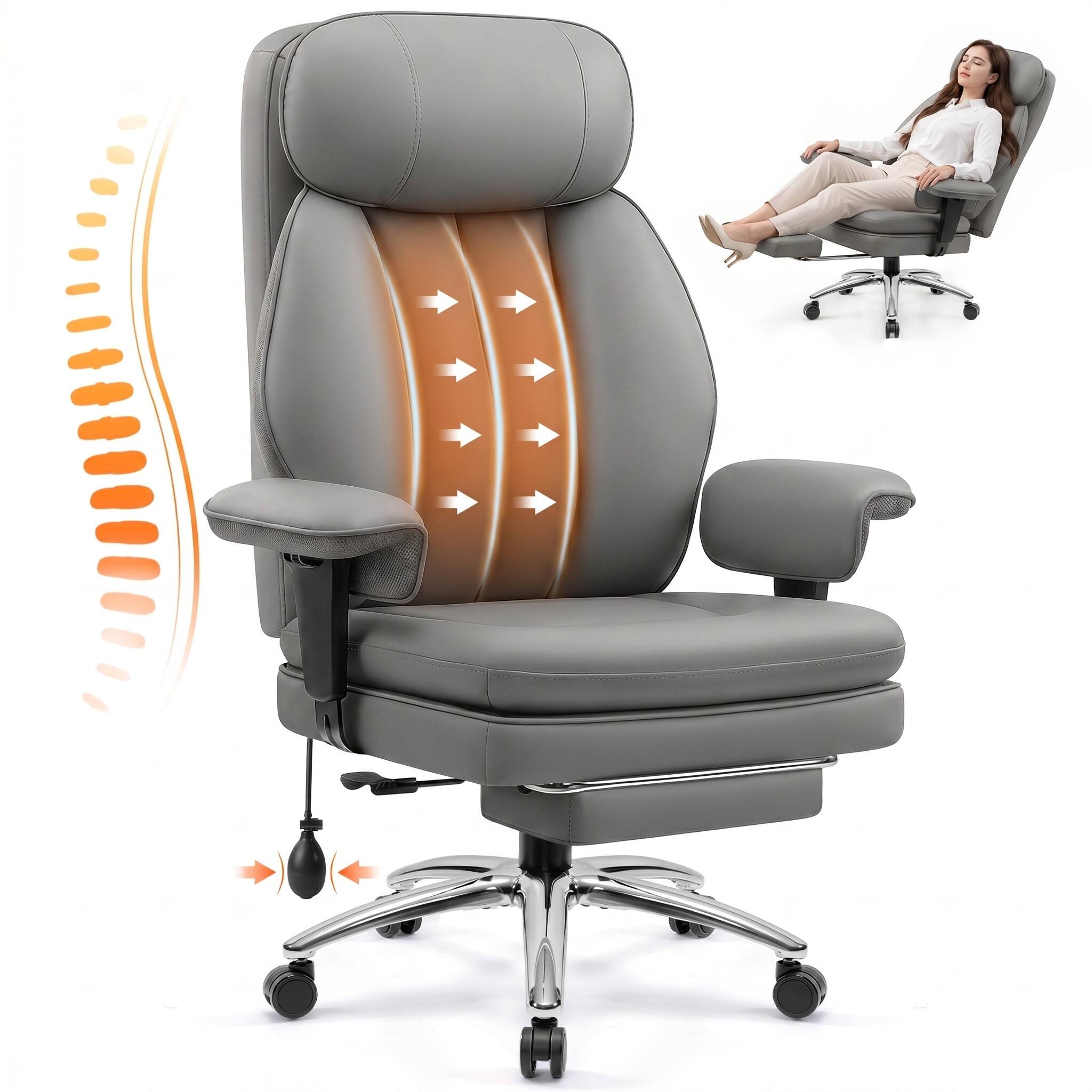 Alt View 5. KERDOM - Ergonomic Office Chair With Inflatable Lumbar & Adjustable Armrest, PU Leather Computer Desk Chair with Footrest - Grey.