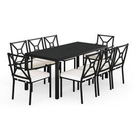 Martha Stewart - Lily Pond 9-Piece Steel Patio Dining Set with 8 Stackable Chairs and 71" Table - Cream Cushions/Black Frame