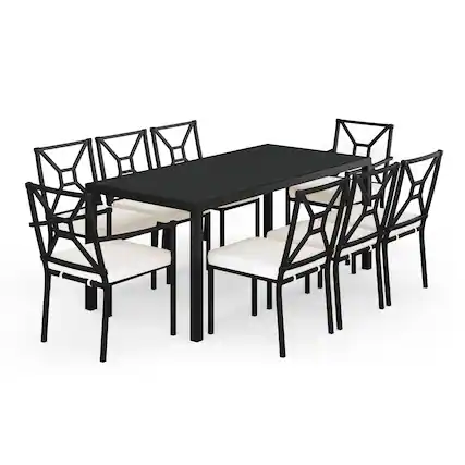 Front. Martha Stewart - Lily Pond 9-Piece Steel Patio Dining Set with 8 Stackable Chairs and 71" Table - Cream Cushions/Black Frame.