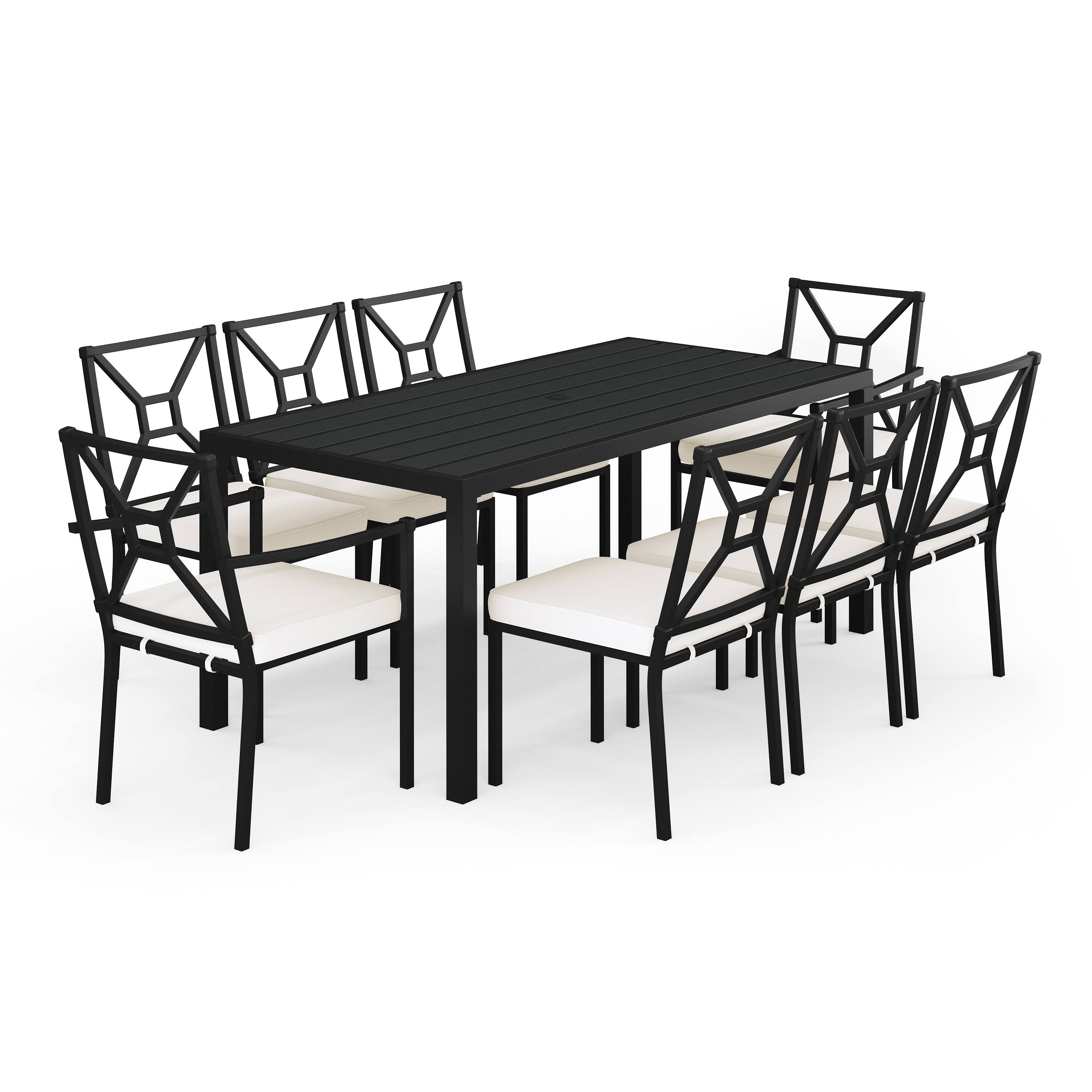 Front. Martha Stewart - Lily Pond 9-Piece Steel Patio Dining Set with 8 Stackable Chairs and 71" Table - Cream Cushions/Black Frame.