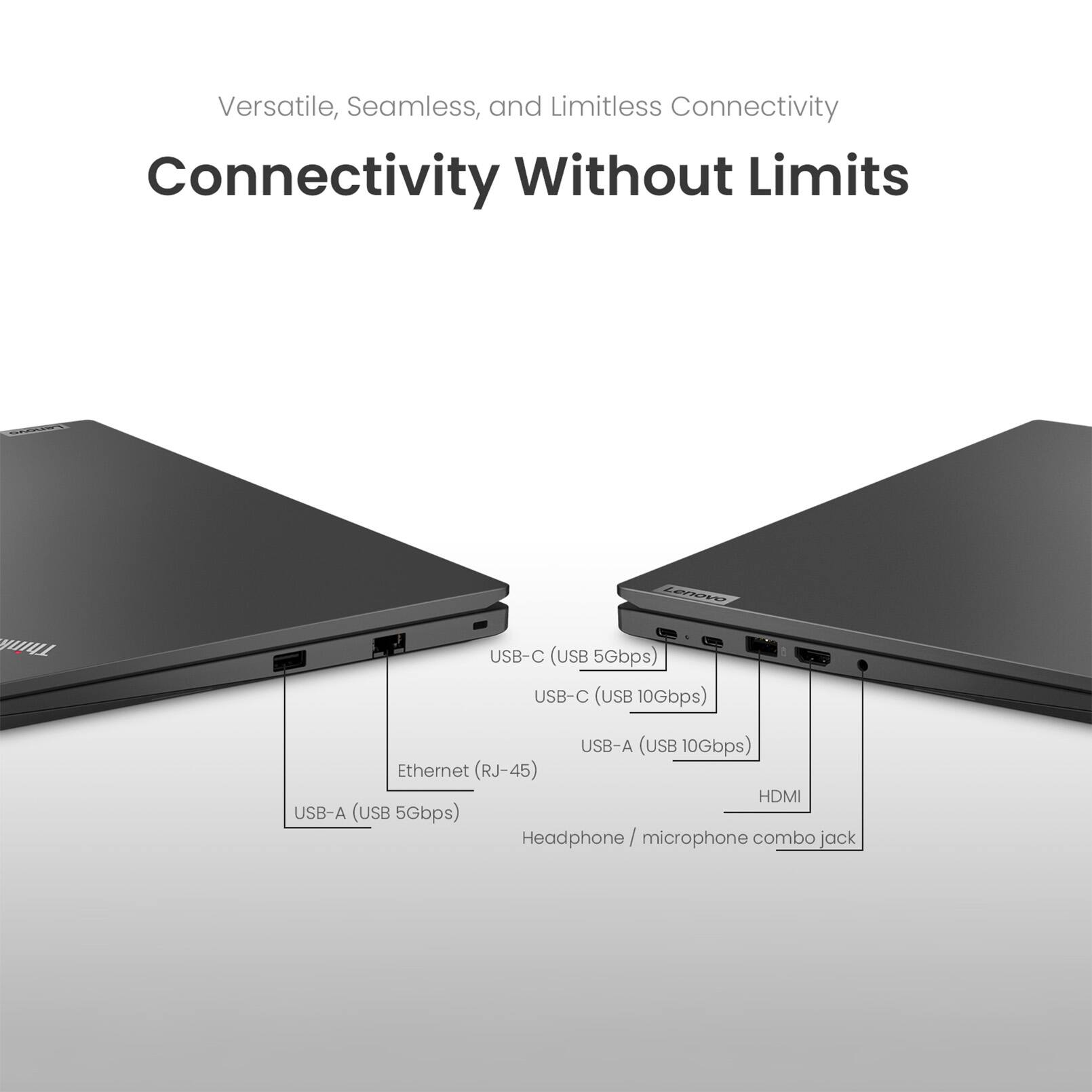 Versatile, Seamless, and Limitless Connectivity  
Connectivity Without Limits  

- USB-C (USB 5Gbps)  
- USB-C (USB 10Gbps)  
- USB-A (USB 10Gbps)  
- Ethernet (RJ-45)  
- HDMI  
- USB-A (USB 5Gbps)  
- Headphone / microphone combo jack