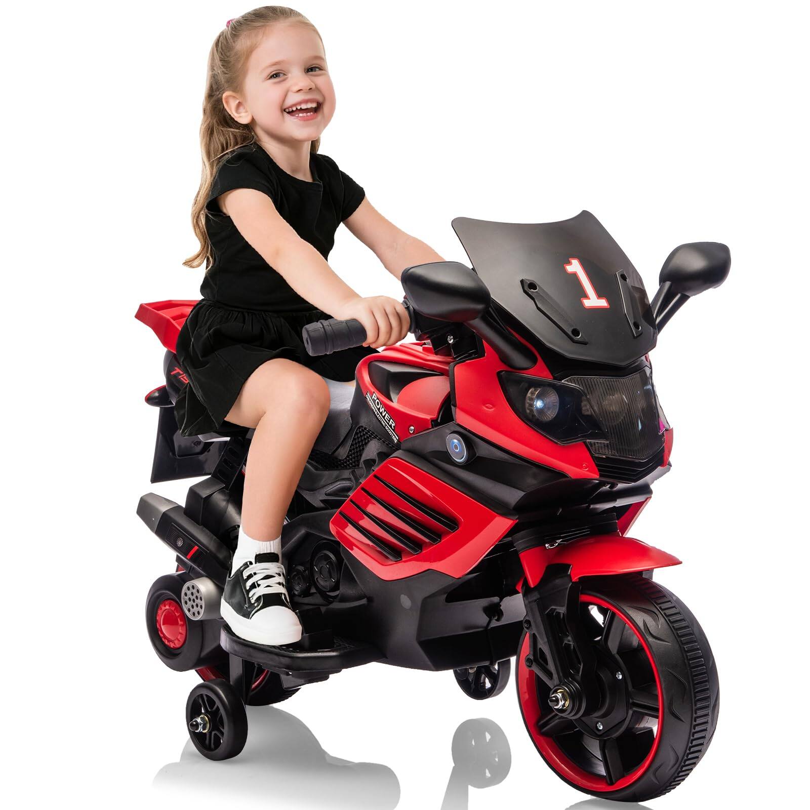 Left. GARVEE - Kids Ride On Motorcycle with Training Wheels, Battery Powered Ride On Toy with Headlight, Horn, Music - Red.