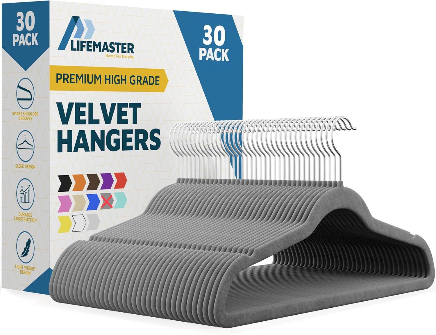 30 PACK, LIFEMASTER, Eleuote Your Everyday, PREMIUM HIGH GRADE, SMART SHOULDER, VELVET GROOVES, HANGERS, SLEEK DESIGN, DURABLE CONSTRUCTION, LIGHT WEIGHT DESIGN