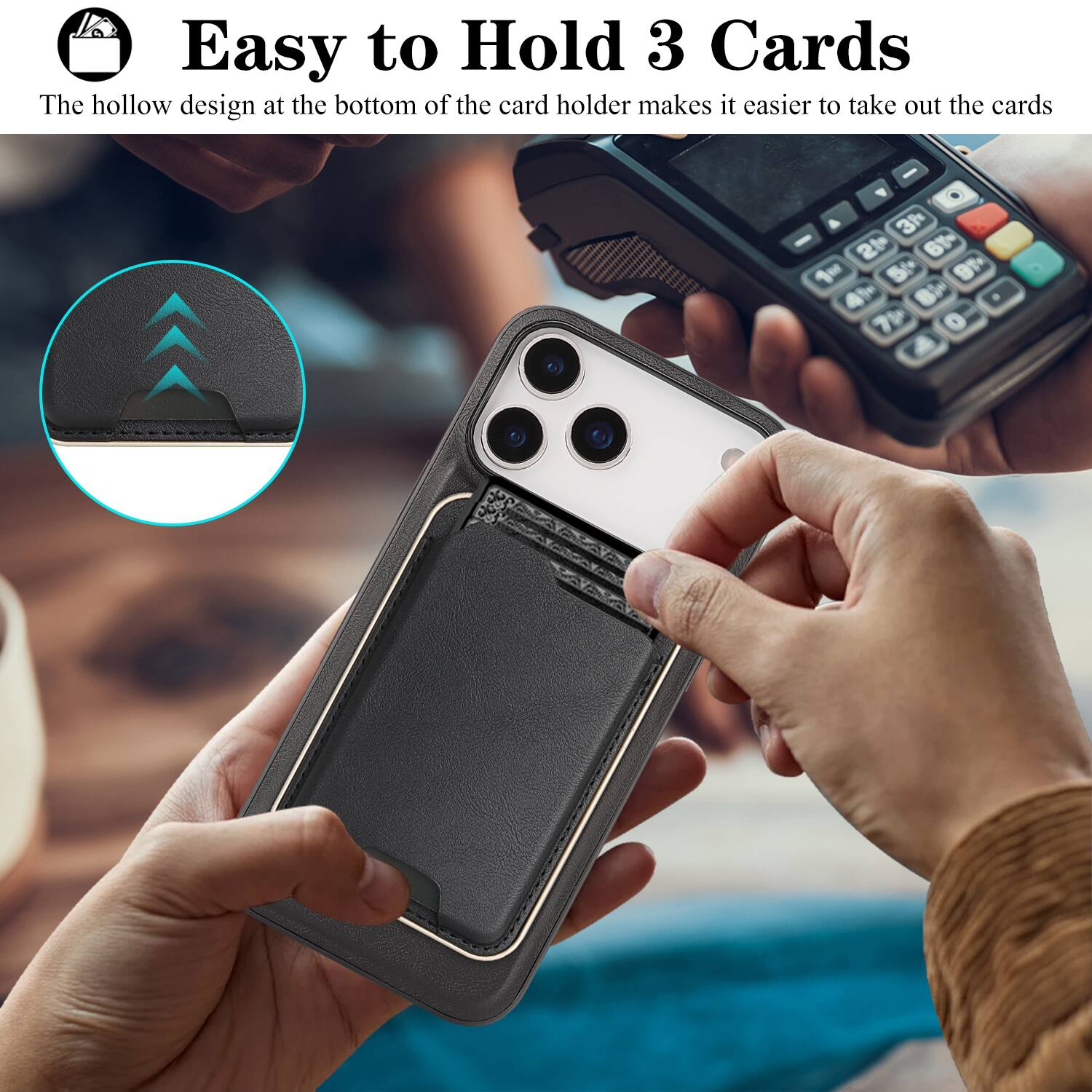 Easy to Hold 3 Cards

The hollow design at the bottom of the card holder makes it easier to take out the cards