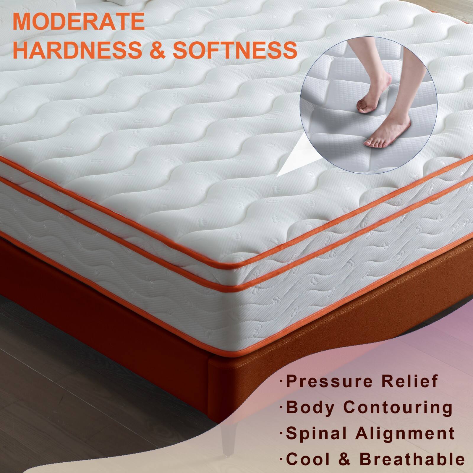 MODERATE HARDNESS & SOFTNESS

- Pressure Relief
- Body Contouring
- Spinal Alignment
- Cool & Breathable