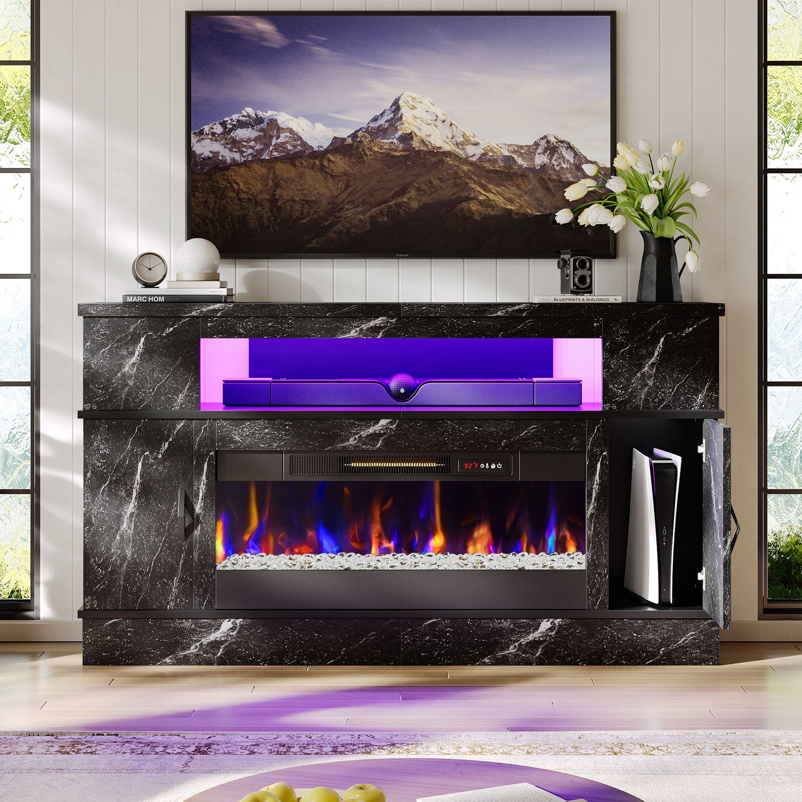 Bestier - 63"W fireplace TV stand for 70" TVs, 36"W electric fireplace, storage & LED lights - Black