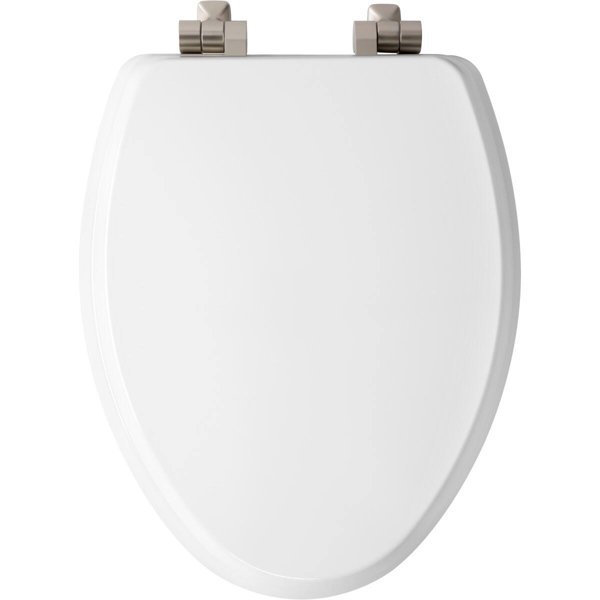 Angle. BEMIS - Mayfair Benton Elongated Enameled Wood Toilet Seat in White Seat Fastening System and WhisperClose Brushed Nickel Hinge - White.