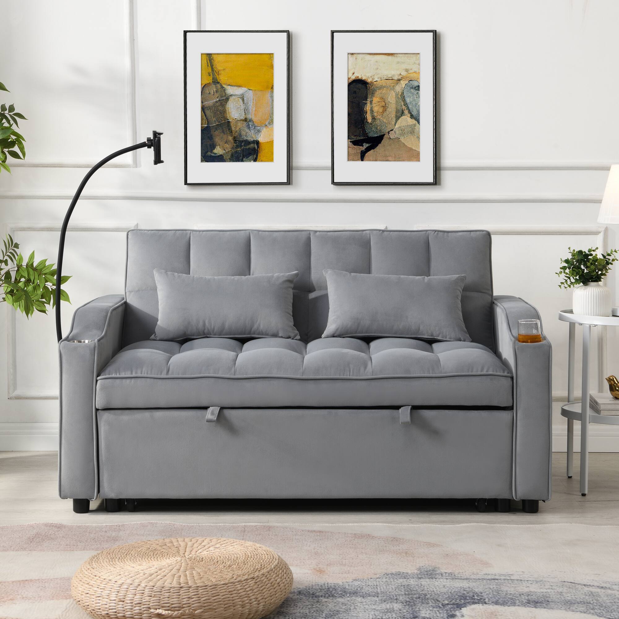 Left. GOODSILO - Convertible Velvet Sofa Bed with Adjustable Backrest, USB Ports, and Storage Pockets for Compact Living Spaces - Light Gray.