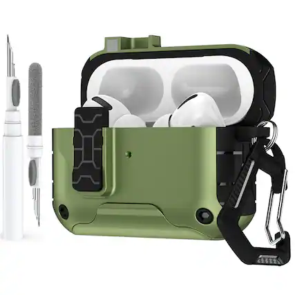 Front. Dteck - Case for Airpods Pro 2nd Gen (2022) with Magnetic Lock,Phone Stand & Carabiner,Shockproof Earbuds Cover with Cleaner Kit - Green.