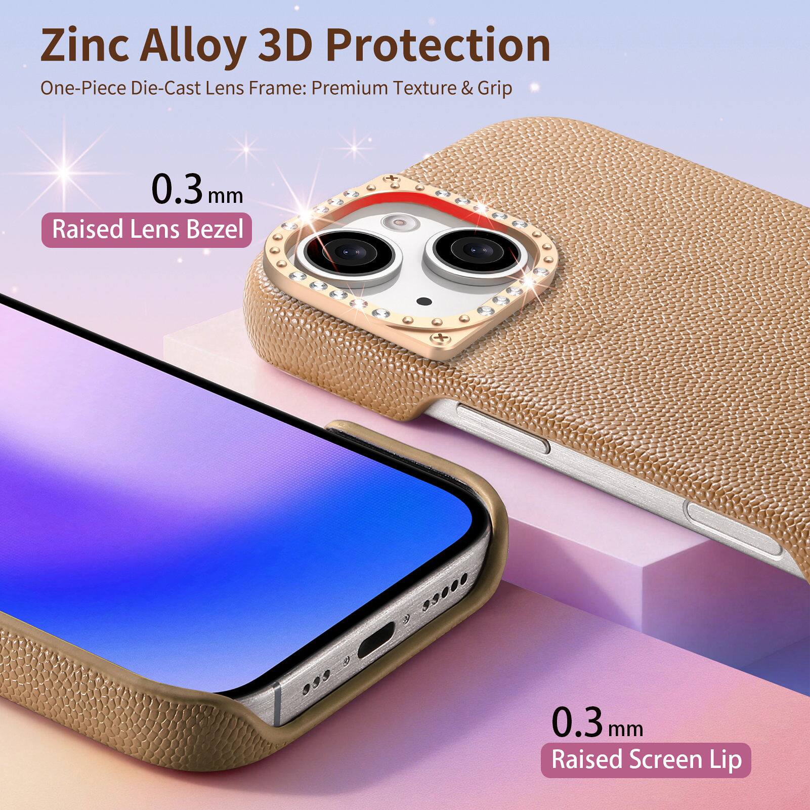 Zinc Alloy 3D Protection  
One-Piece Die-Cast Lens Frame: Premium Texture & Grip  
0.3 mm Raised Lens Bezel  
0.3 mm Raised Screen Lip