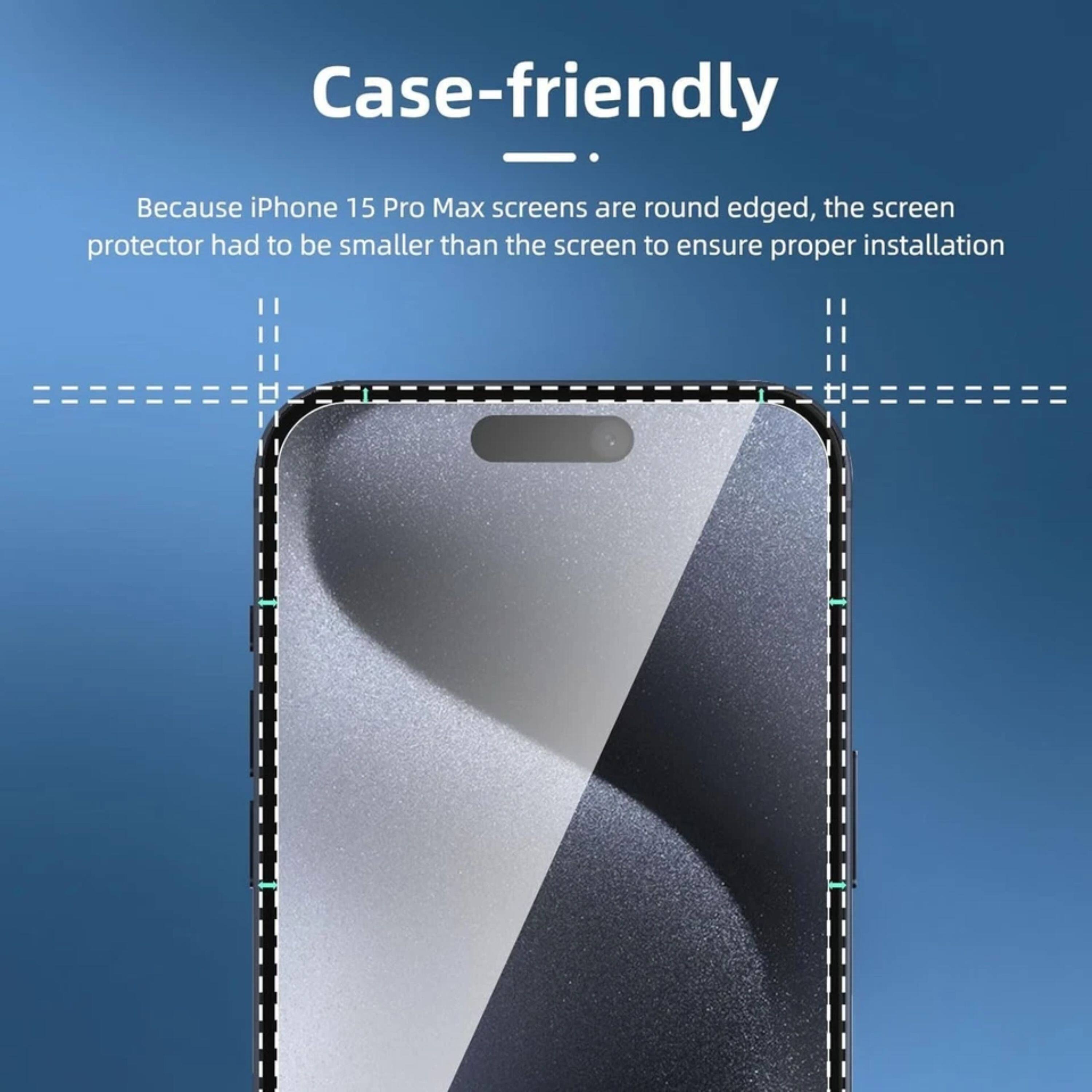 Case-friendly

Because iPhone 15 Pro Max screens are round edged, the screen protector had to be smaller than the screen to ensure proper installation