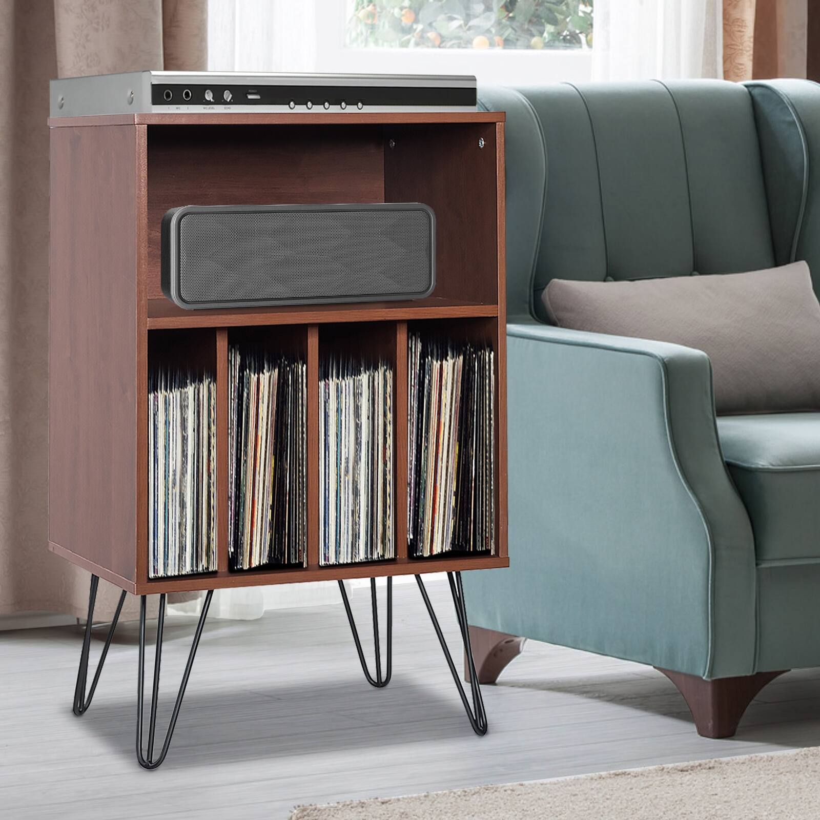 Alt View 8. Ecooso - Freestanding Record Player Stand Record Storage Cabinet with Metal Legs - Brown.