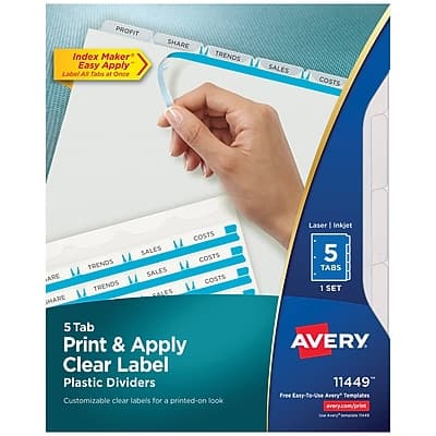 PROFIT Index Maker Easy Apply  
Label All Tabs at Once  

SHARE TRENDS SALES COSTS  
LARGE SHARE TRENDS SALES SALES COSTS  

Laser | Inkjet  
5 TABS  
1 SET  

5 Tab Print & Apply Clear Label Plastic Dividers  
Customizable clear labels for a printed-on look  

AVERY  
11449  
Free Easy-to-Use Avery Templates