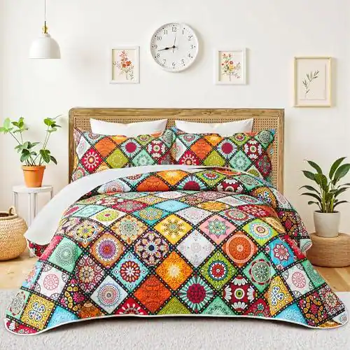 Cedar Assembly - 3 Piece Boho Colorful Quilt Set Full Bohemian Reversible Bedding Microfiber Lightweight Bedspread Coverlet - Boho 1-King