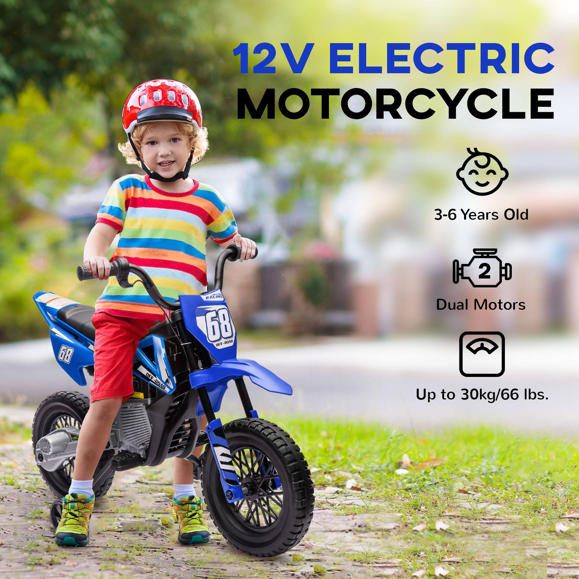 12V ELECTRIC MOTORCYCLE

- 3-6 Years Old
- Dual Motors
- Up to 30kg/66 lbs.