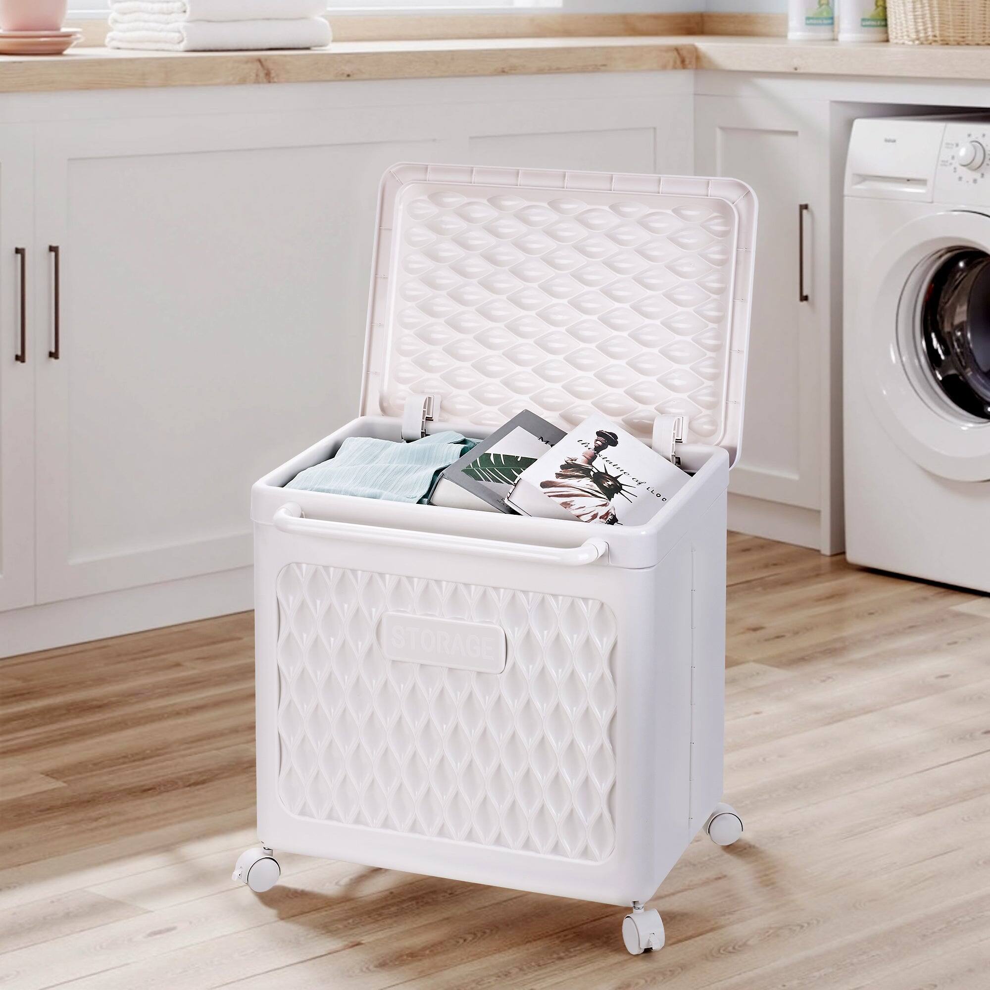 Vecelo - Laundry Hamper With Wheels & Lid - Storage Basket, For Home Closet Organizer,13.78" x 19.29" x 19.09" - White