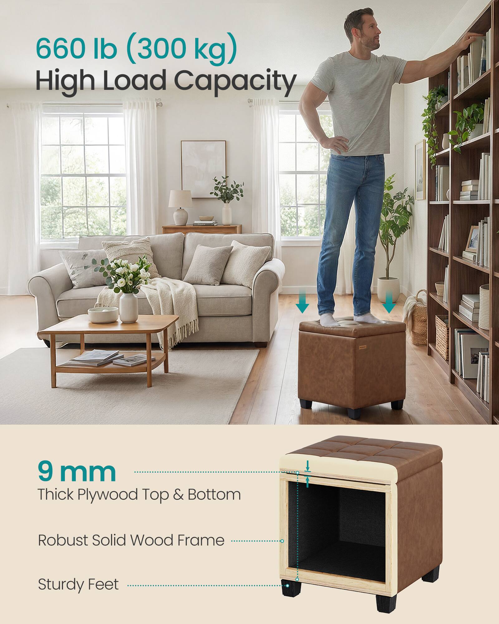 660 lb (300 kg) High Load Capacity

9 mm Thick Plywood Top & Bottom

Robust Solid Wood Frame

Sturdy Feet