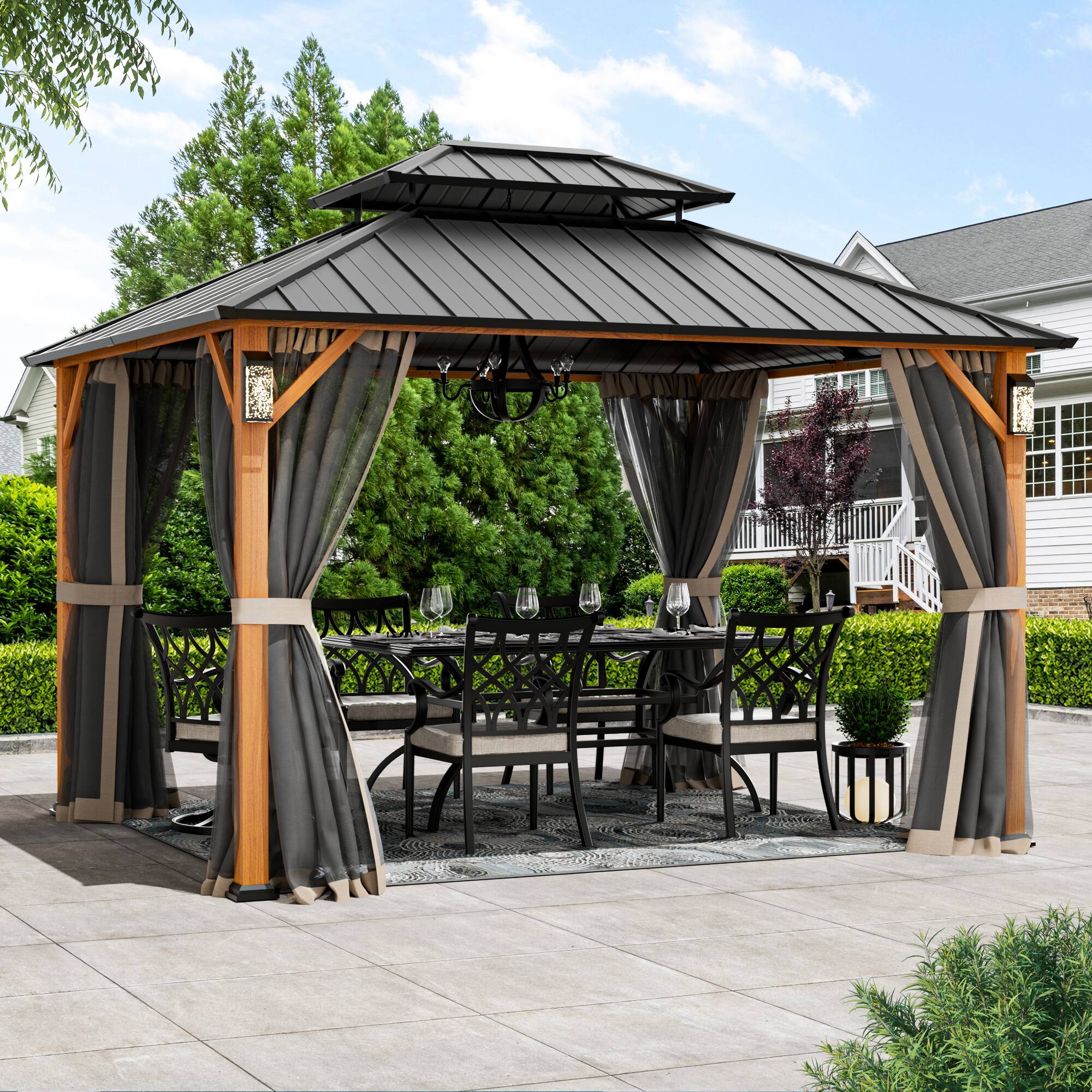 Front. Modern Shade Outdoor Living Spaces - Modern Shade The Horizon Hardtop Gazebo 10' x 12' with 4 LED Lights, Galvanized Steel Double Roof.