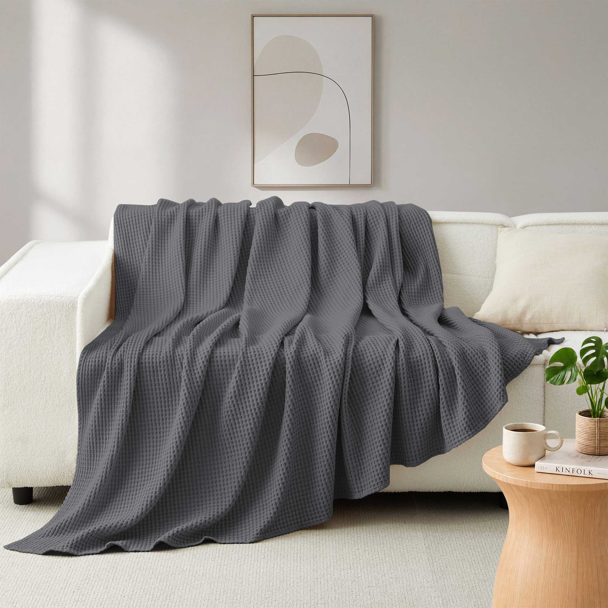 Angle. Peace Nest - Peace Nest 100% Egyptian Cotton Waffle Textured Throw Blanket, Dark Blue, Twin - Dark Blue.