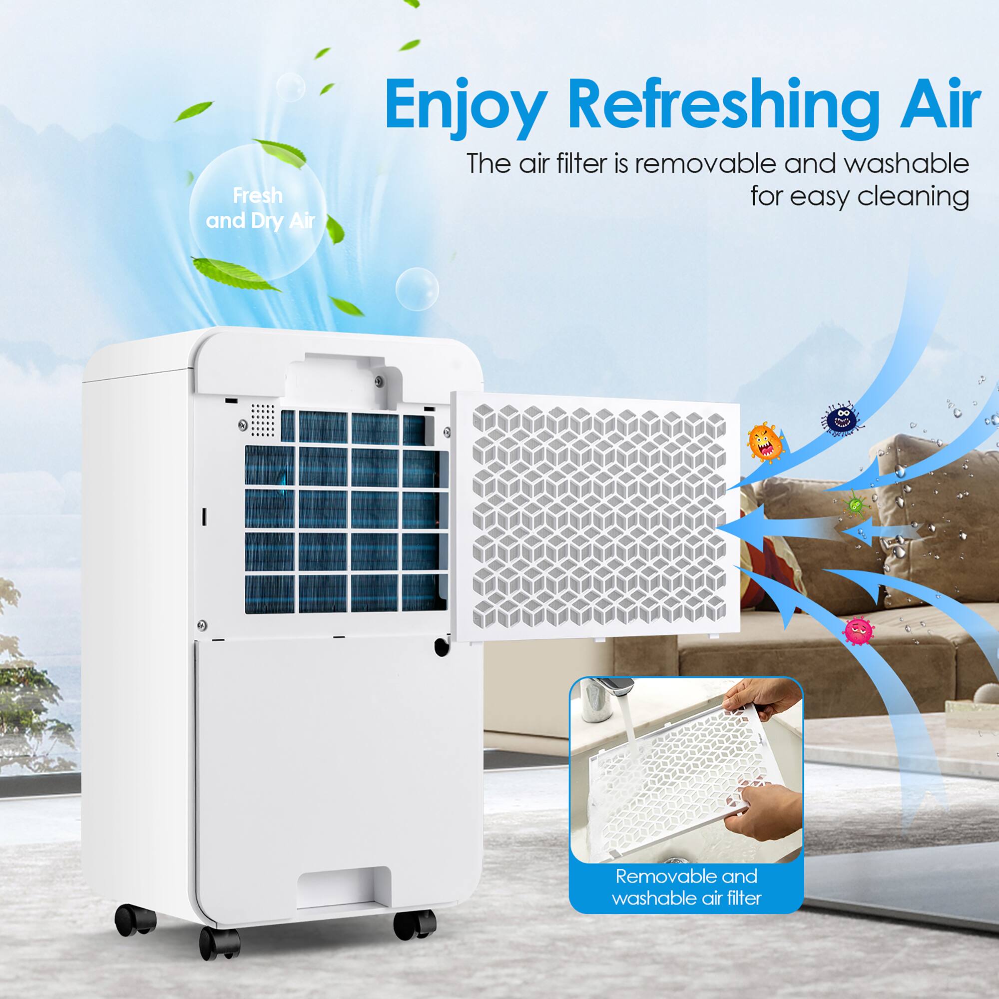 The text on the image is grouped and corrected as follows:

"Enjoy Refreshing Air - The air filter is removable and washable for easy cleaning."