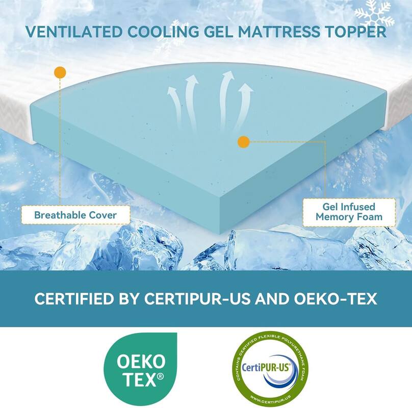 VENTILATED COOLING GEL MATTRESS TOPPER

Breathable Cover

Gel Infused Memory Foam

CERTIFIED BY CERTIPUR-US AND OEKO-TEX

OEKO TEX

Certified Flexible Polyurethane Foam
CertiPUR-US
www.certipur.us