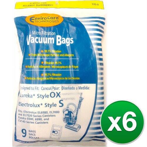 A MUSI FOR ALLERGY SUFFERERS!!  
135-9 EnviroCare TECHNOLOGIES Micro Filtration Vacuum Bags  
99.7% Filtration Traps Microscopic Particles and Allergens  
Filtración 99.7% Partículas y Alergénicos Microscópicos  
Filtration 99.7% Particulas Alergénicos Microscópicos de los Desvios  

Signed to Fit:  
Conçu Pour:  
Diseñado a Medida:  

Eureka* Style OX  
Electrolux* Style S  

Fits:  
Electrolux EL6980, EL7000 and EL7020 Canisters  
Eureka 6500, 6990, and CV140 Series Canisters  

9 BAGS  
SACS  
BOLSAS  

x6