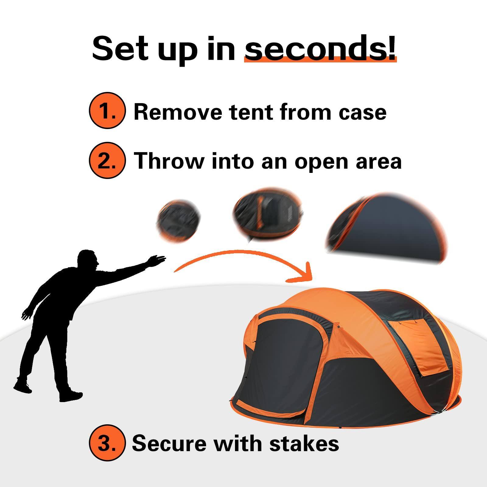 Set up in seconds!

1. Remove tent from case
2. Throw into an open area
3. Secure with stakes