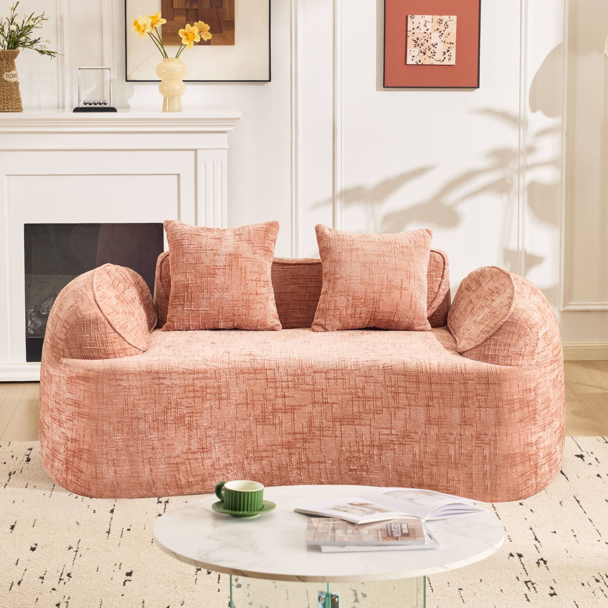 Angle. GOODSILO - Curved Two-Person Compression Sofa with Pillows for Small Spaces - Pink.