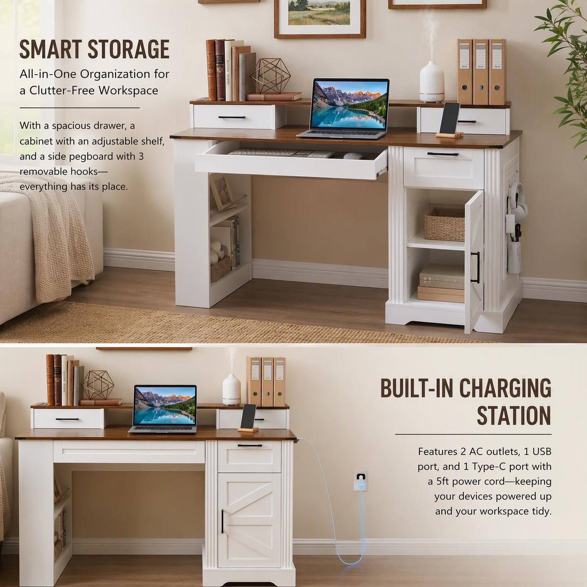 SMART STORAGE  
All-in-One Organization for a Clutter-Free Workspace

With a spacious drawer, a cabinet with an adjustable shelf, and a side pegboard with 3 removable hooks—everything has its place.

BUILT-IN CHARGING STATION  
Features 2 AC outlets, 1 USB port, and 1 Type-C port with a 5ft power cord—keeping your devices powered up and your workspace tidy.