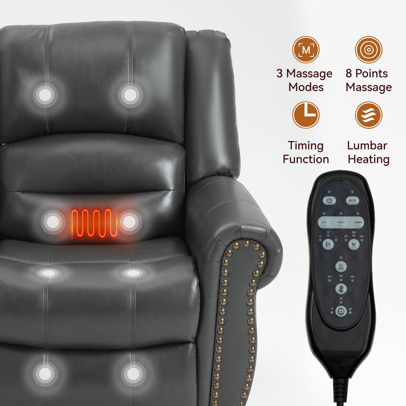 3 Massage Modes  
8 Points Massage  
Timing Function  
Lumbar Heating