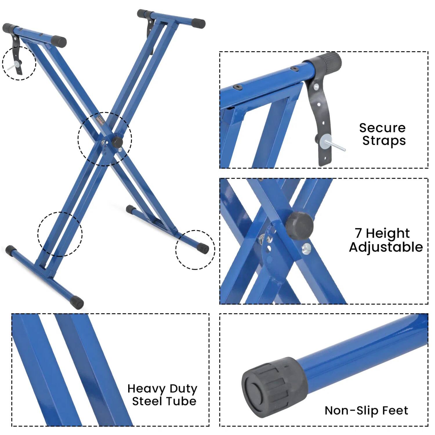 - Secure Straps
- 7 Height Adjustable
- Heavy Duty Steel Tube
- Non-Slip Feet