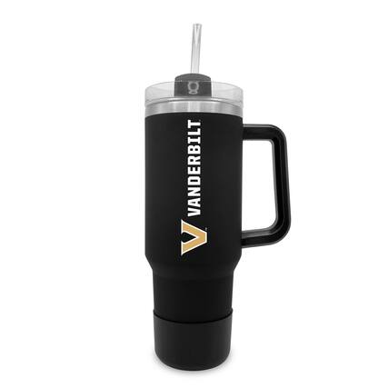 Front. The Fanatic Group - Vanderbilt Commodores 40oz. Stainless Tumbler with Handle & Removable Straw - Black.