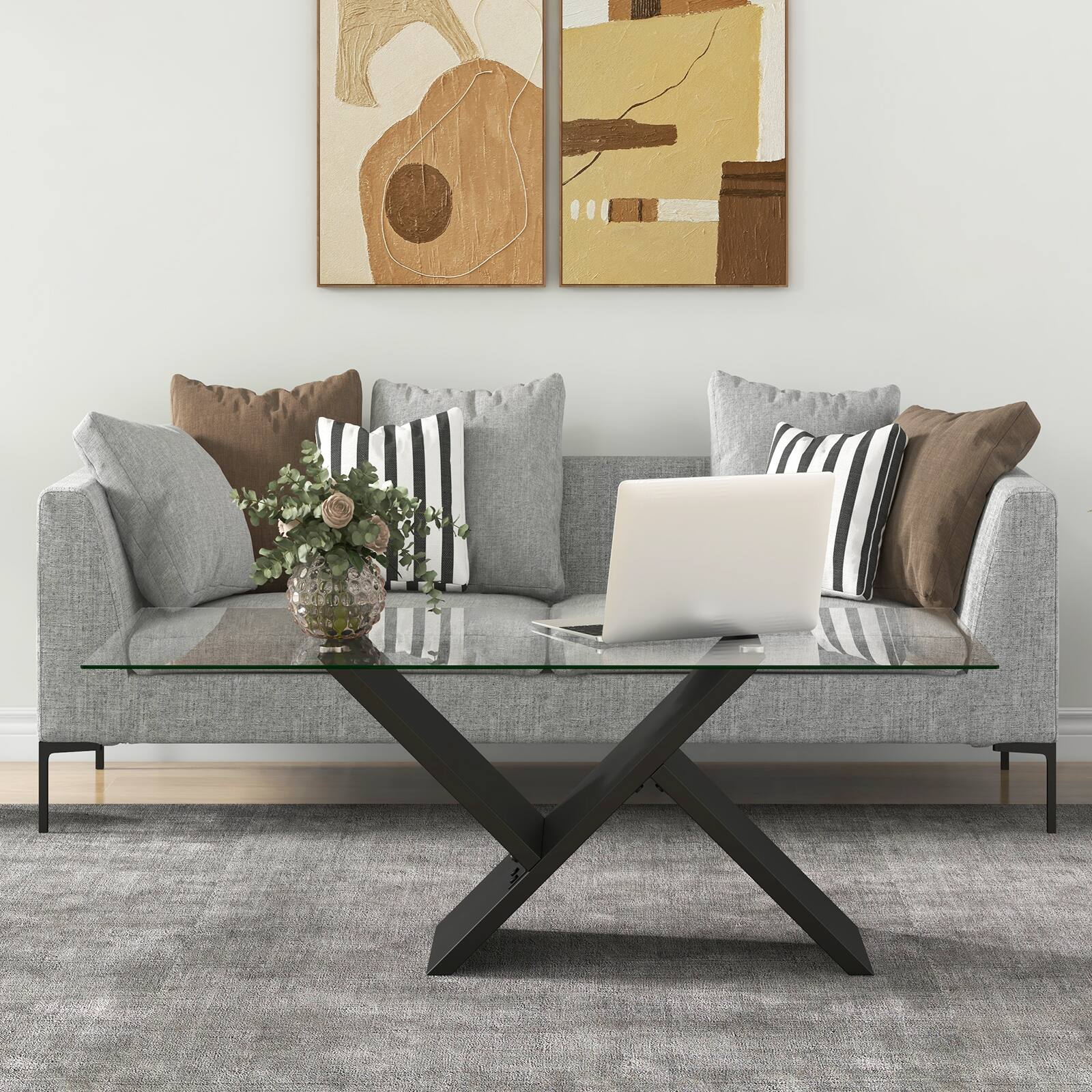 Alt View 1. Ecooso - 47 Inch Glass Coffee Table with Tempered Tabletop, Modern Rectangular Center Table - Black.