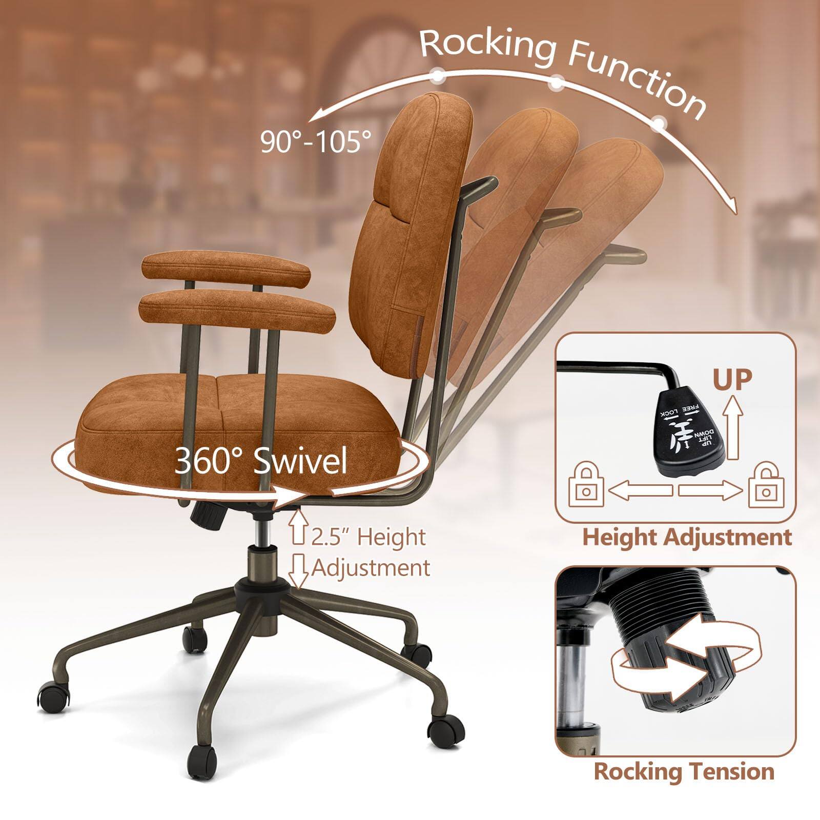 Rocking Function  
90°-105°  
360° Swivel  
2.5" Height Adjustment  
Height Adjustment  
Rocking Tension