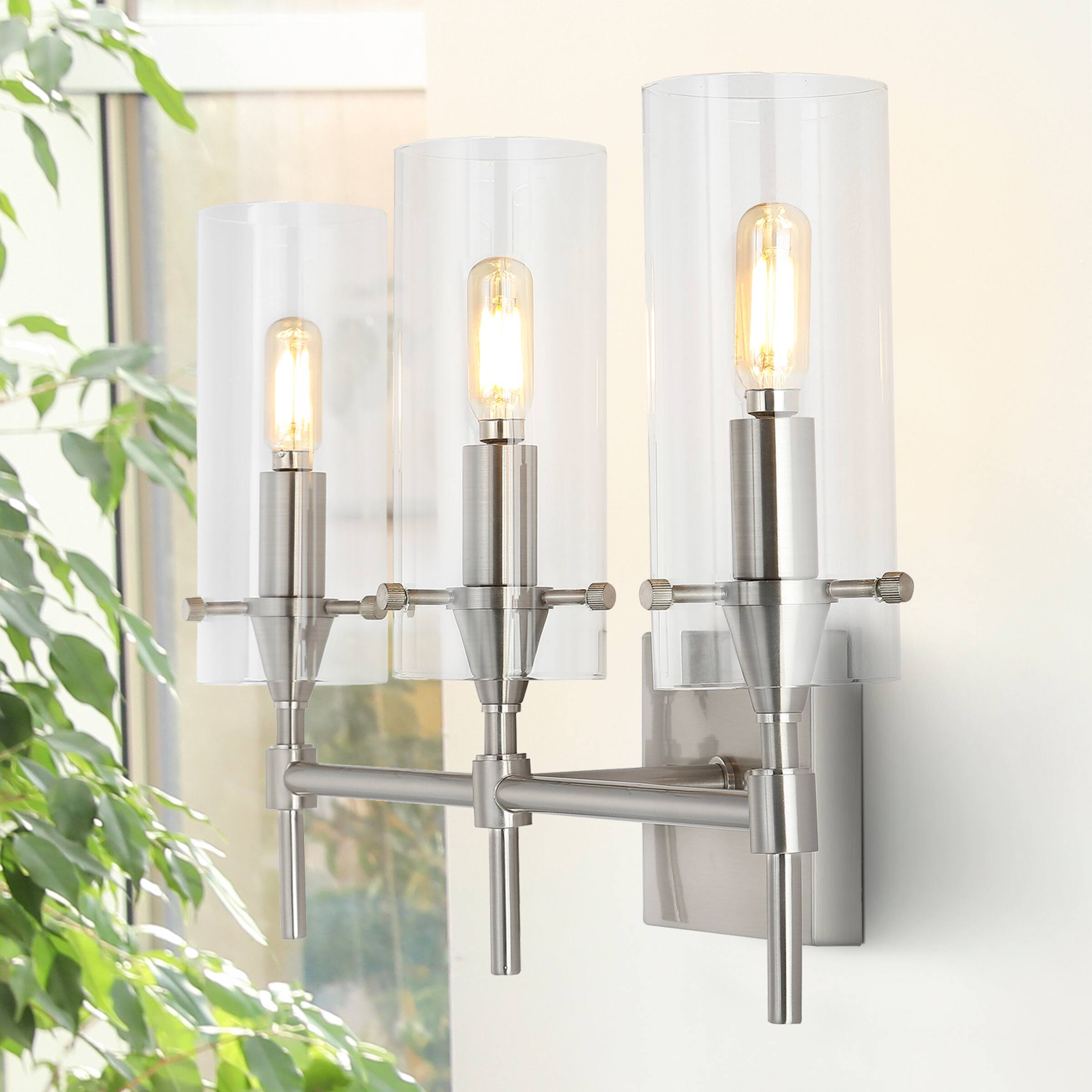 Alt View 1. Jonathan Y - Cato 21.25" 3-Light Modern Minimalist Iron/Glass LED Vanity, Nickel/Clear - Nickel.