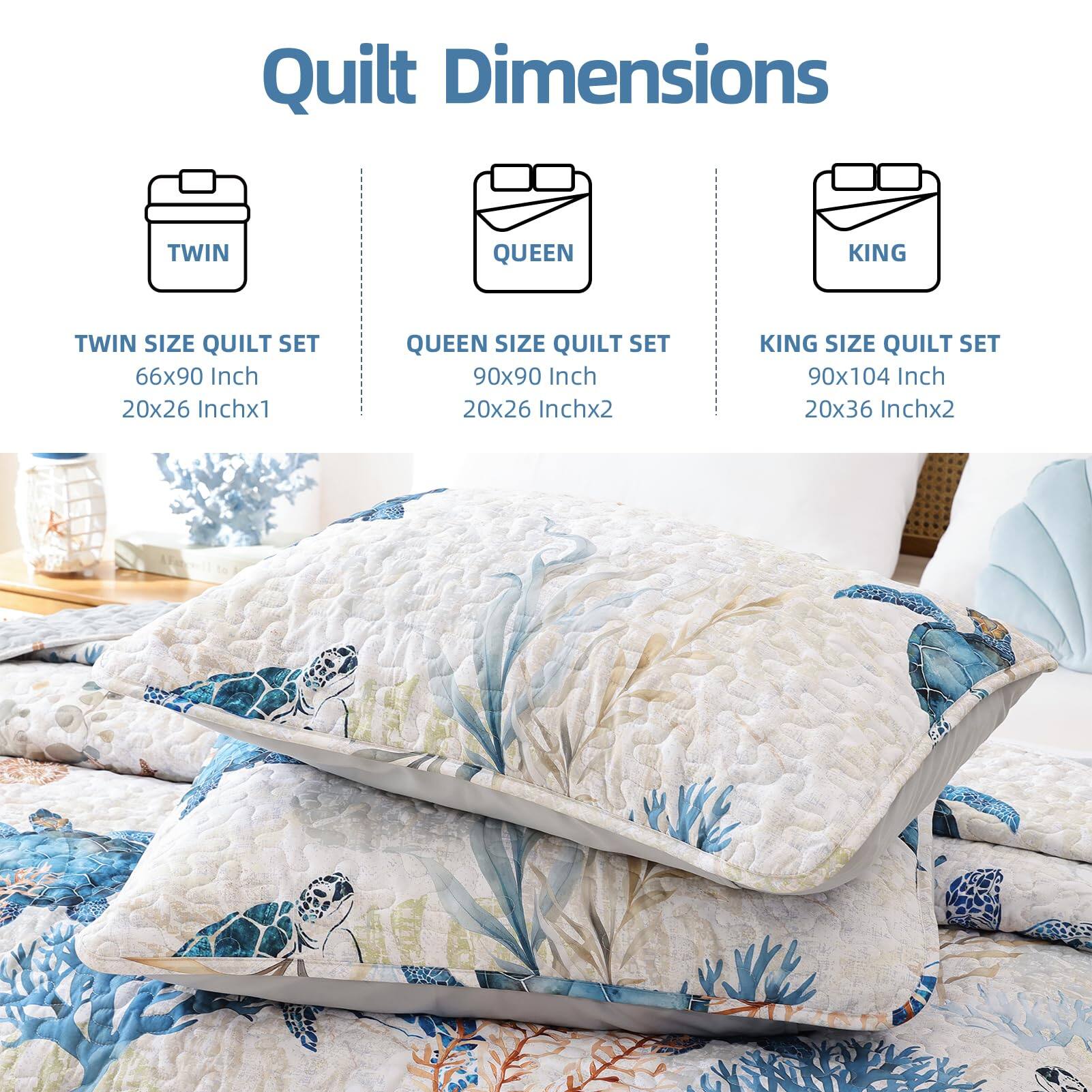 Quilt Dimensions

TWIN SIZE QUILT SET  
66x90 Inch  
20x26 Inchx1

QUEEN SIZE QUILT SET  
90x90 Inch  
20x26 Inchx2

KING SIZE QUILT SET  
90x104 Inch  
20x36 Inchx2