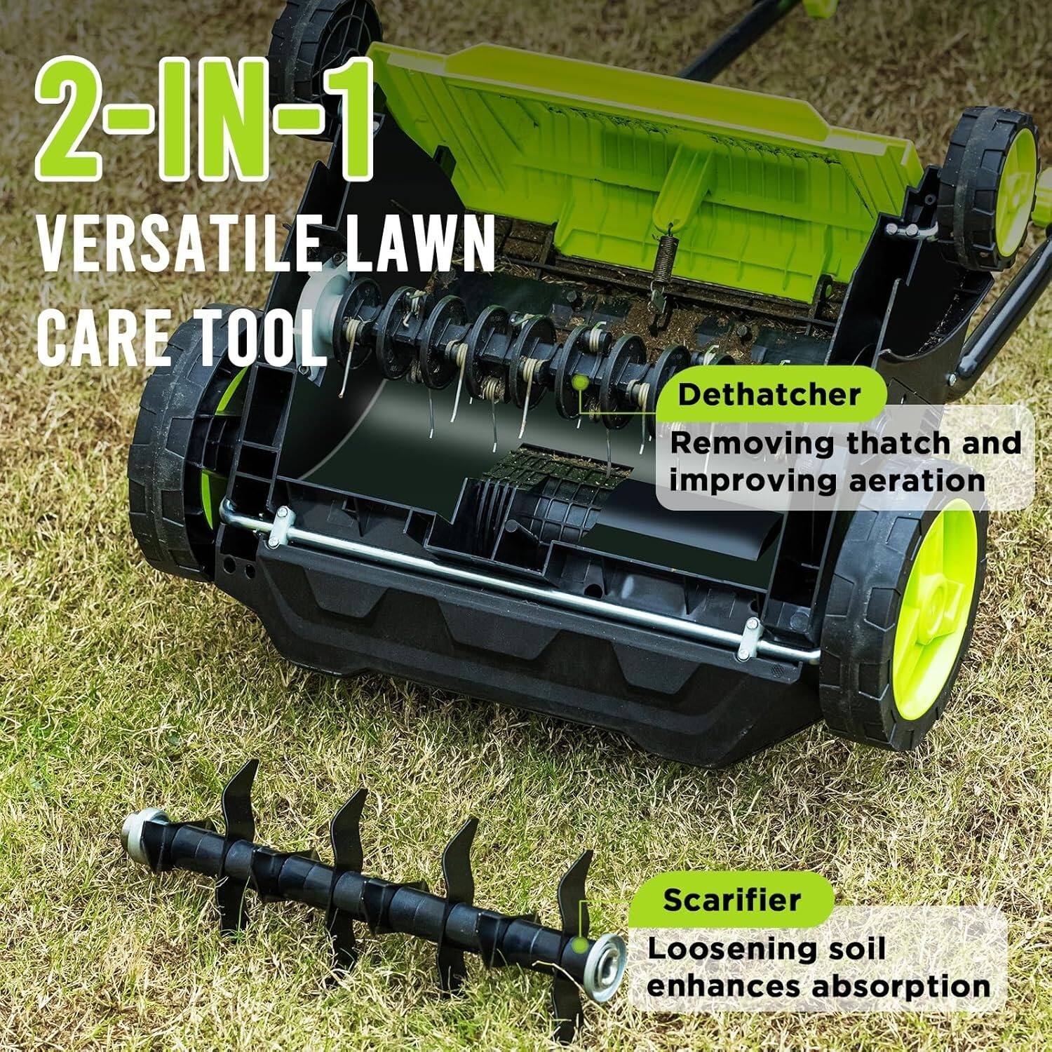 2-IN-1 VERSATILE LAWN CARE TOOL

Dethatcher  
Removing thatch and improving aeration

Scarifier  
Loosening soil enhances absorption