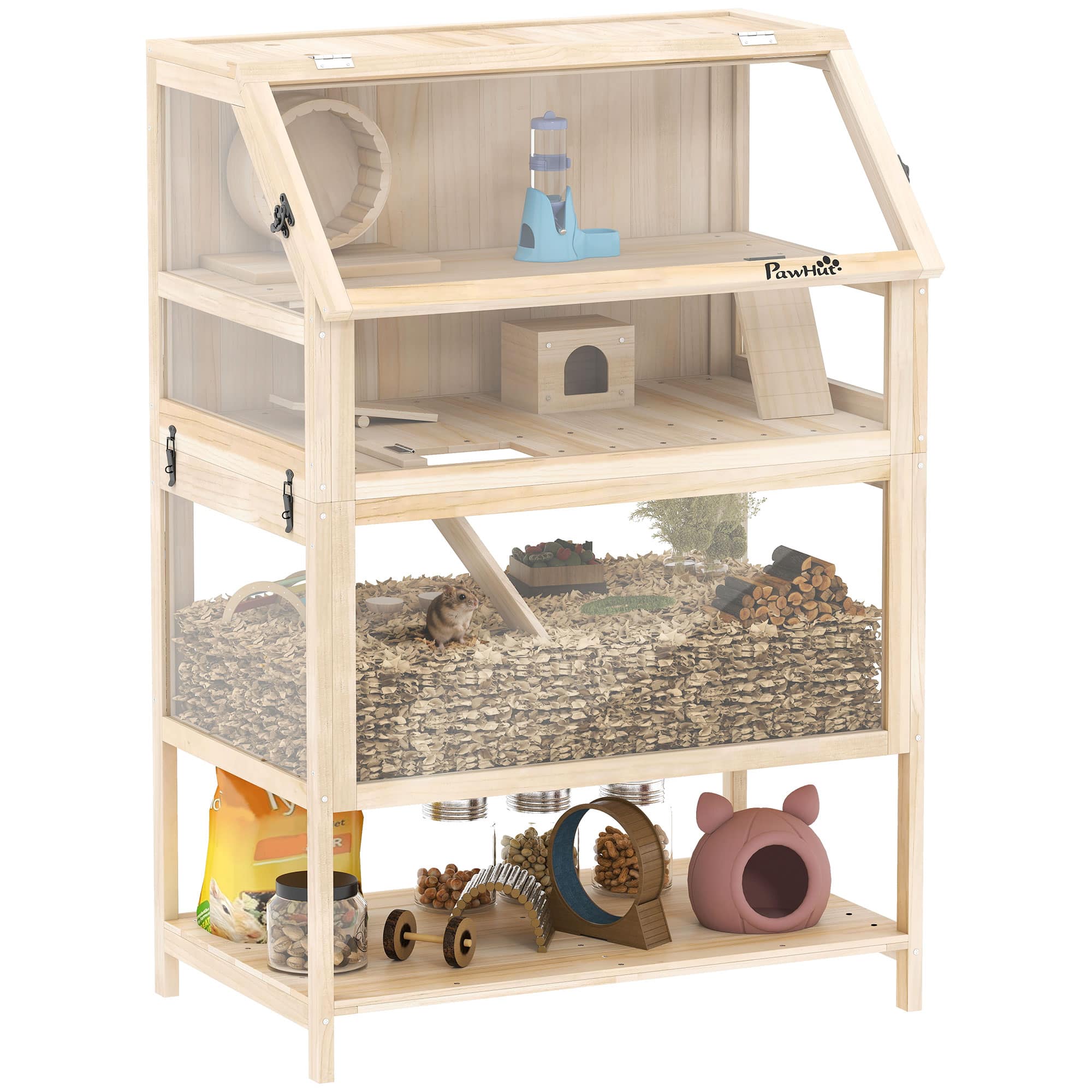Pawhut - Wooden Hamster Cage with Detachable Lower Floor, Storage Shelf, Hut, Seesaw, Exercise Wheel - Natural Wood price history on PriceWatchPro
