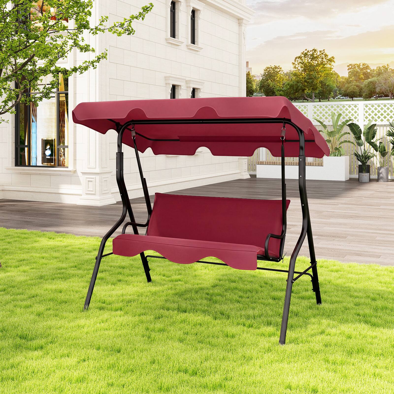 Alt View 3. Costway - Costway 3-Person Outdoor Patio Swing Chair with Adjustable Canopy and Removable Cushion - Wine.