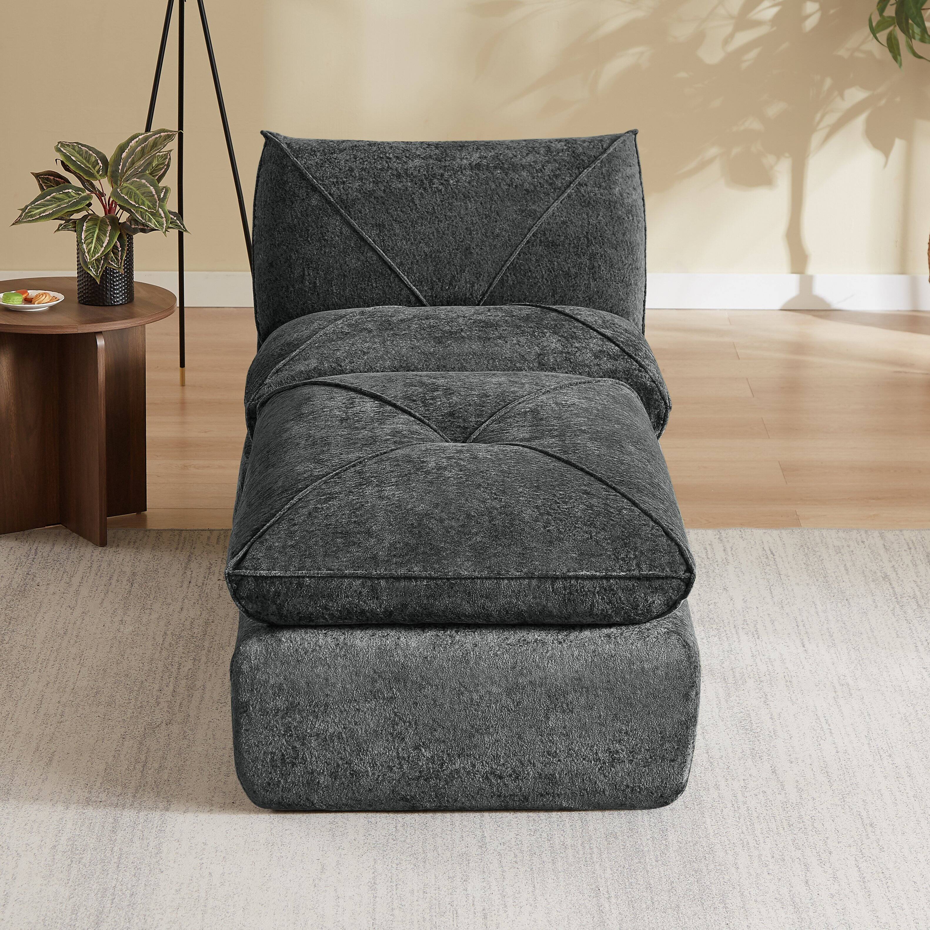 Back. Loheer - Loheer- Dark Gray Chenille Sectional Sofa Modern Modular Couch With Ottoman For Apartment 2.79x3.38x2.66 ft - Dark Gray.