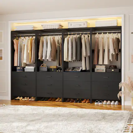 Front. Aheaplus - 8FT Wood Wardrobe System with 4 Hanging Rods and 12 Drawers, Clothes Rack for Closet/Bedroom, 4 Piece Set - Black.
