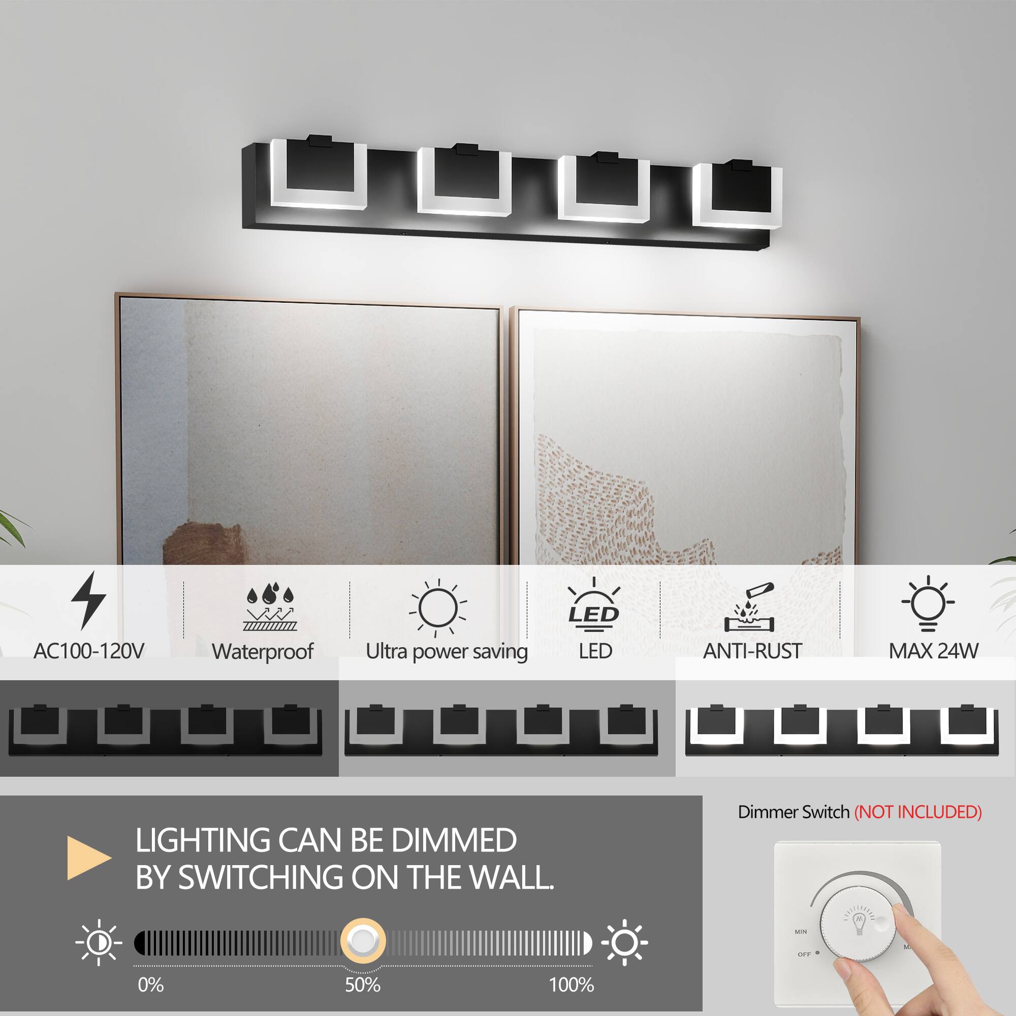 AC100-120V Waterproof Ultra power saving LED LED ANTI-RUST MAX 24W LIGHTING CAN BE DIMMED BY SWITCHING ON THE WALL. Dimmer Switch (NOT INCLUDED) - 0% 50% 100%