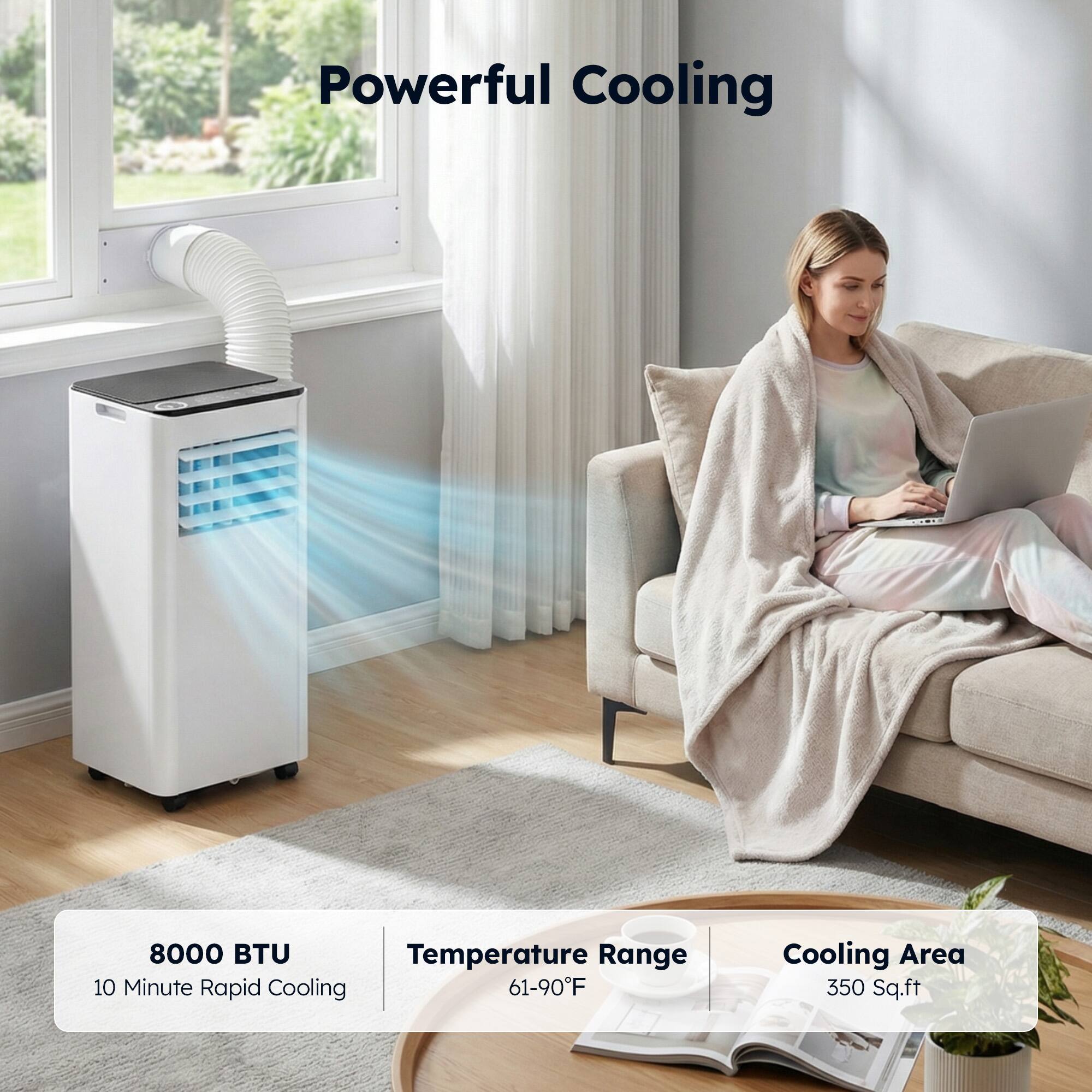 Powerful Cooling  
8000 BTU  
10 Minute Rapid Cooling  
Temperature Range: 61-90°F  
Cooling Area: 350 Sq.ft