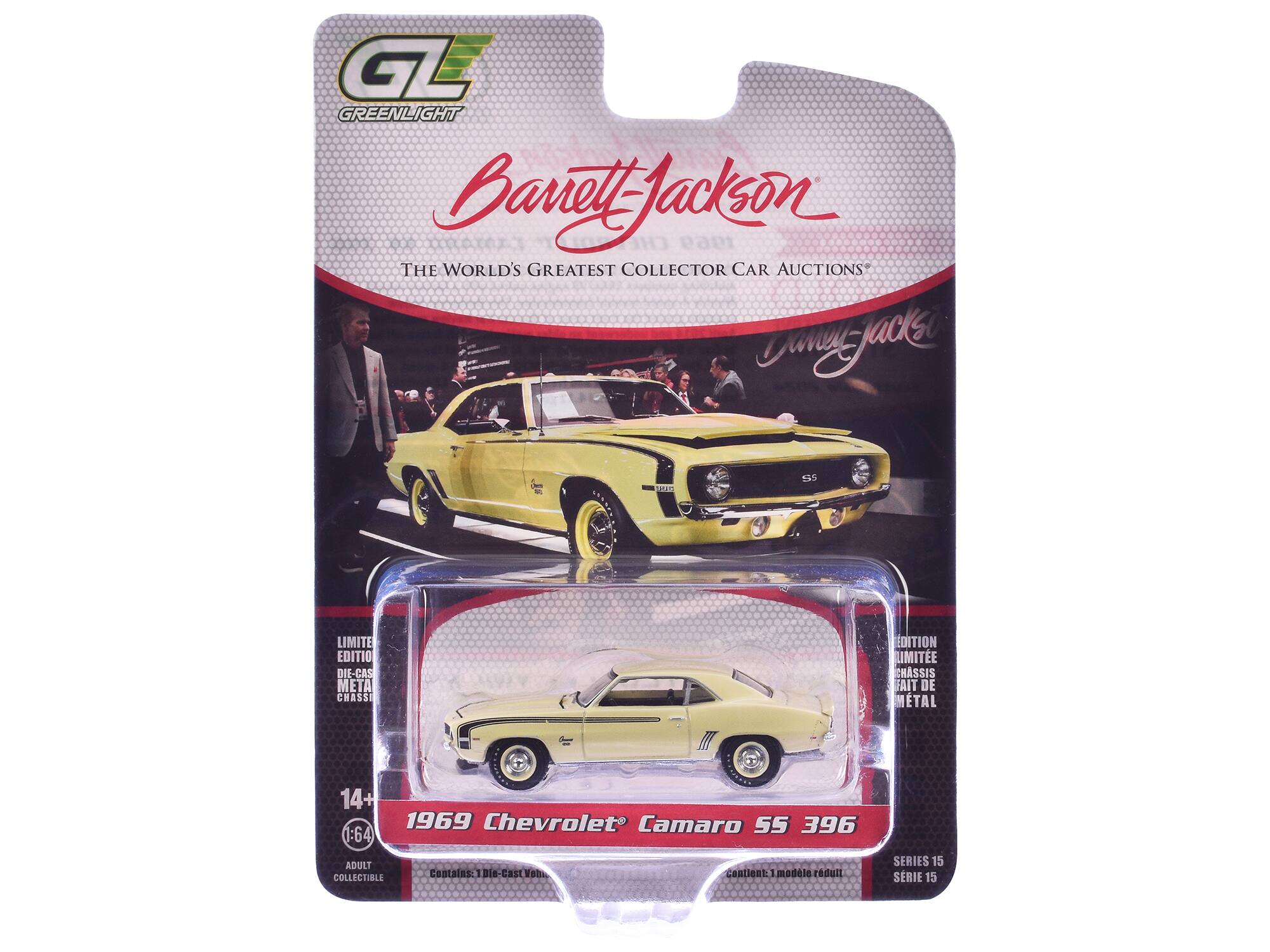 GL GREENLIGHT  
Barrett Jackson  
1969 THE WORLD'S GREATEST COLLECTOR CAR AUCTIONS  
Barrett Jackson  
LIMITED EDITION DIE-CAST METAL CHASSIS  
14+  
1:64  
ADULT COLLECTIBLE  
Contains: 1 die-cast vehicle  
1969 Chevrolet Camaro SS 396  
SERIES 15  
SÉRIE 15